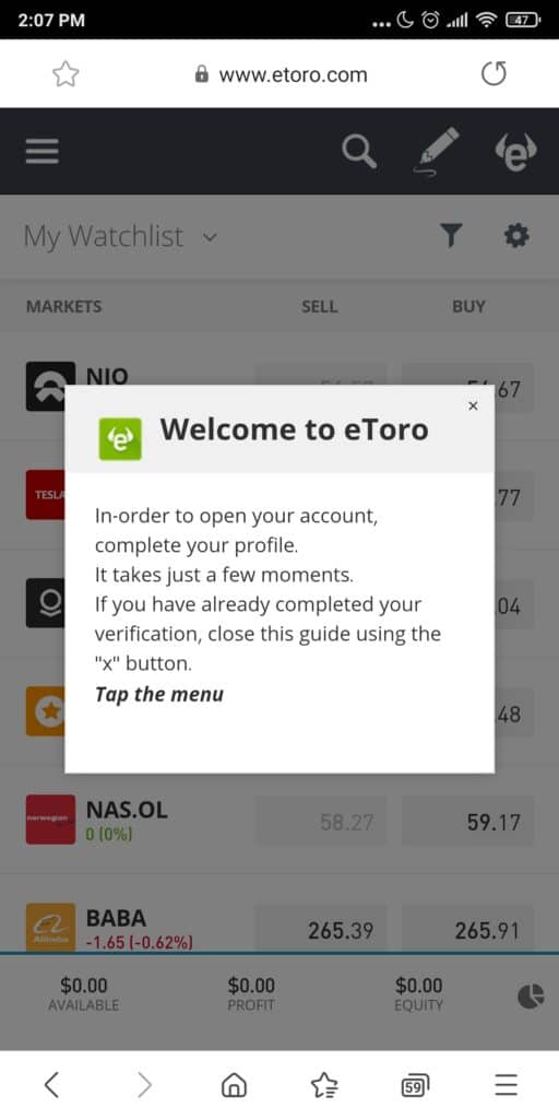 eToro welcome message