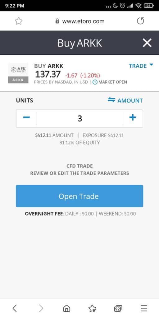 Place order for ARKK on eToro